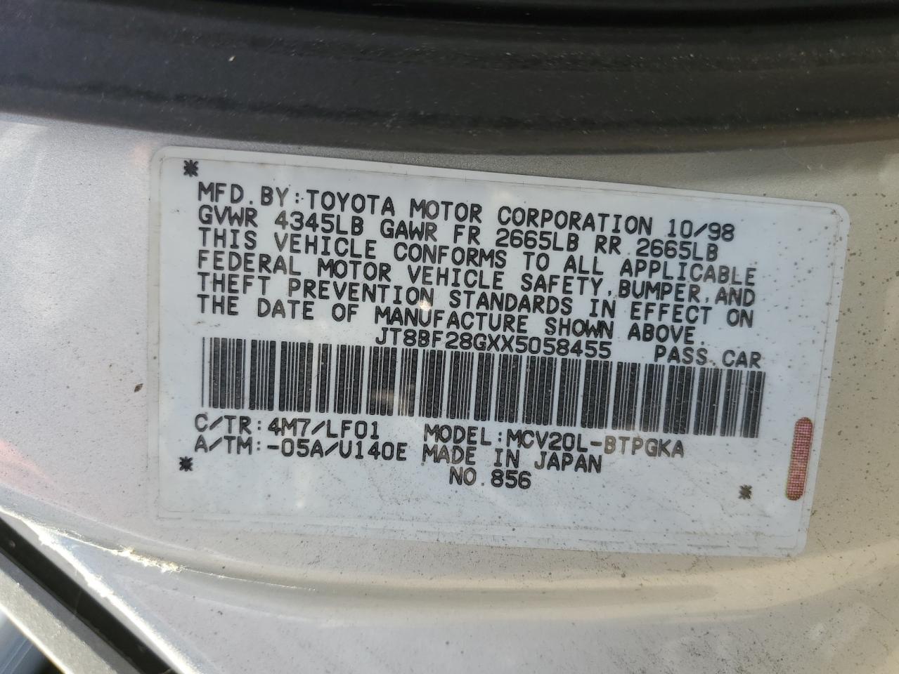 1999 Lexus Es 300 VIN: JT8BF28GXX5058455 Lot: 64174025