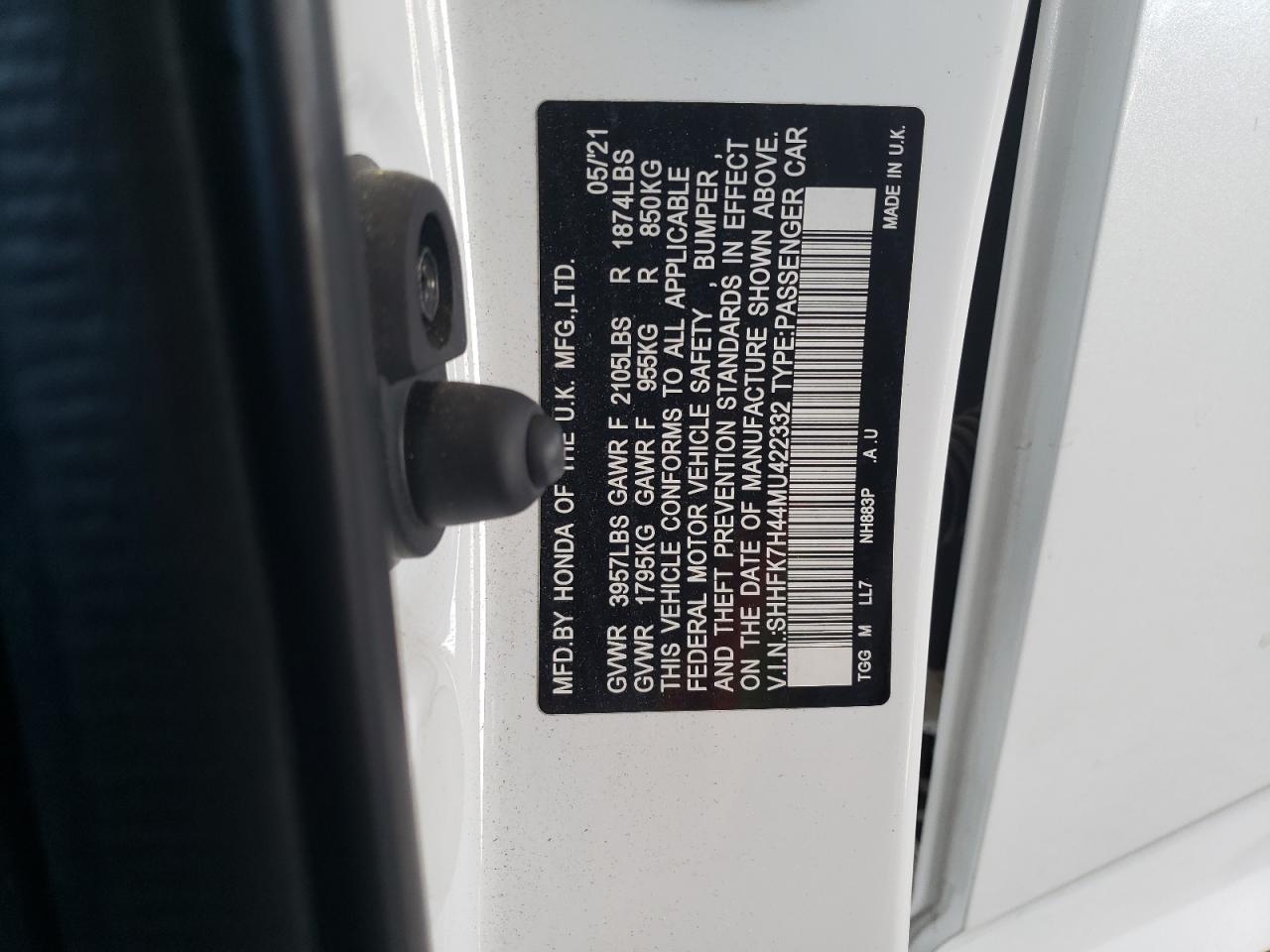 2021 Honda Civic Sport VIN: SHHFK7H44MU422332 Lot: 65432455