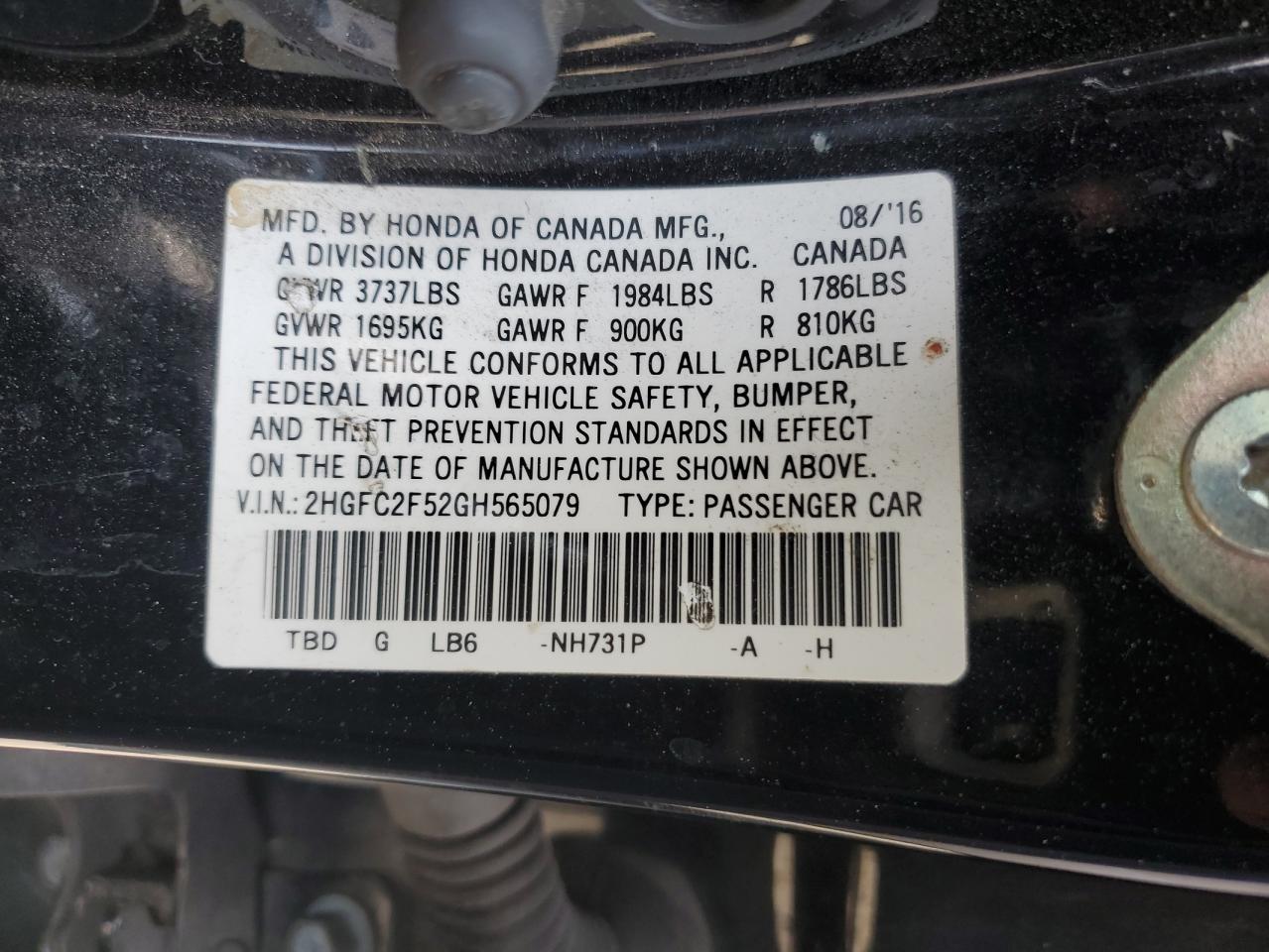 2016 Honda Civic Lx VIN: 2HGFC2F52GH565079 Lot: 65215535