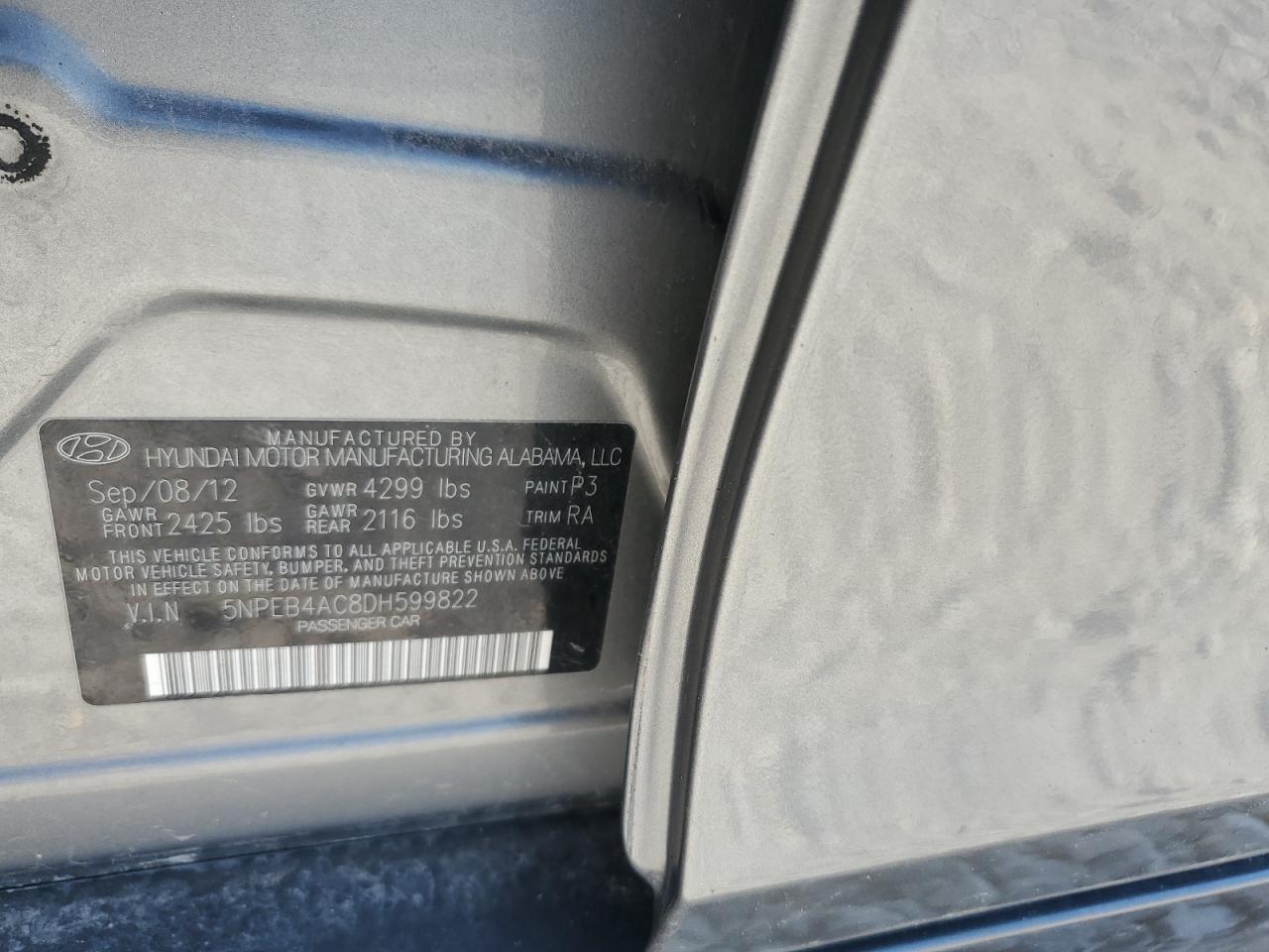 2013 Hyundai Sonata Gls VIN: 5NPEB4AC8DH599822 Lot: 62857065