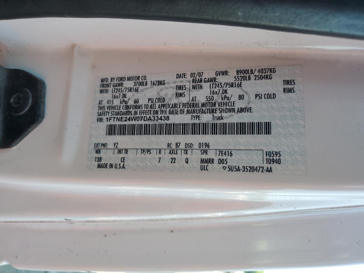 2007 Ford Econoline E250 Van VIN: 1FTNE24W07DA33438 Lot: 63575475