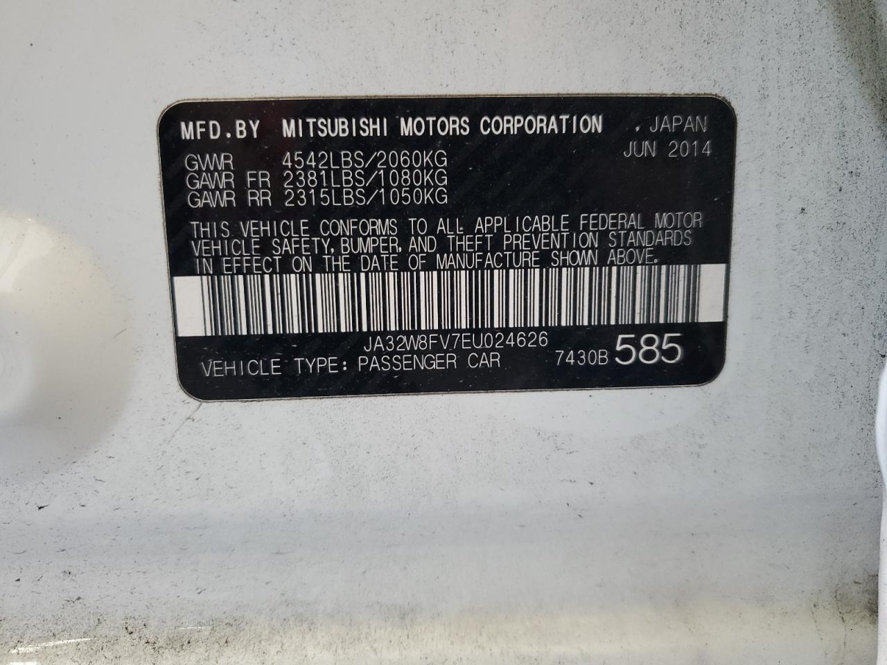 2014 Mitsubishi Lancer Evolution Gsr VIN: JA32W8FV7EU024626 Lot: 63444465