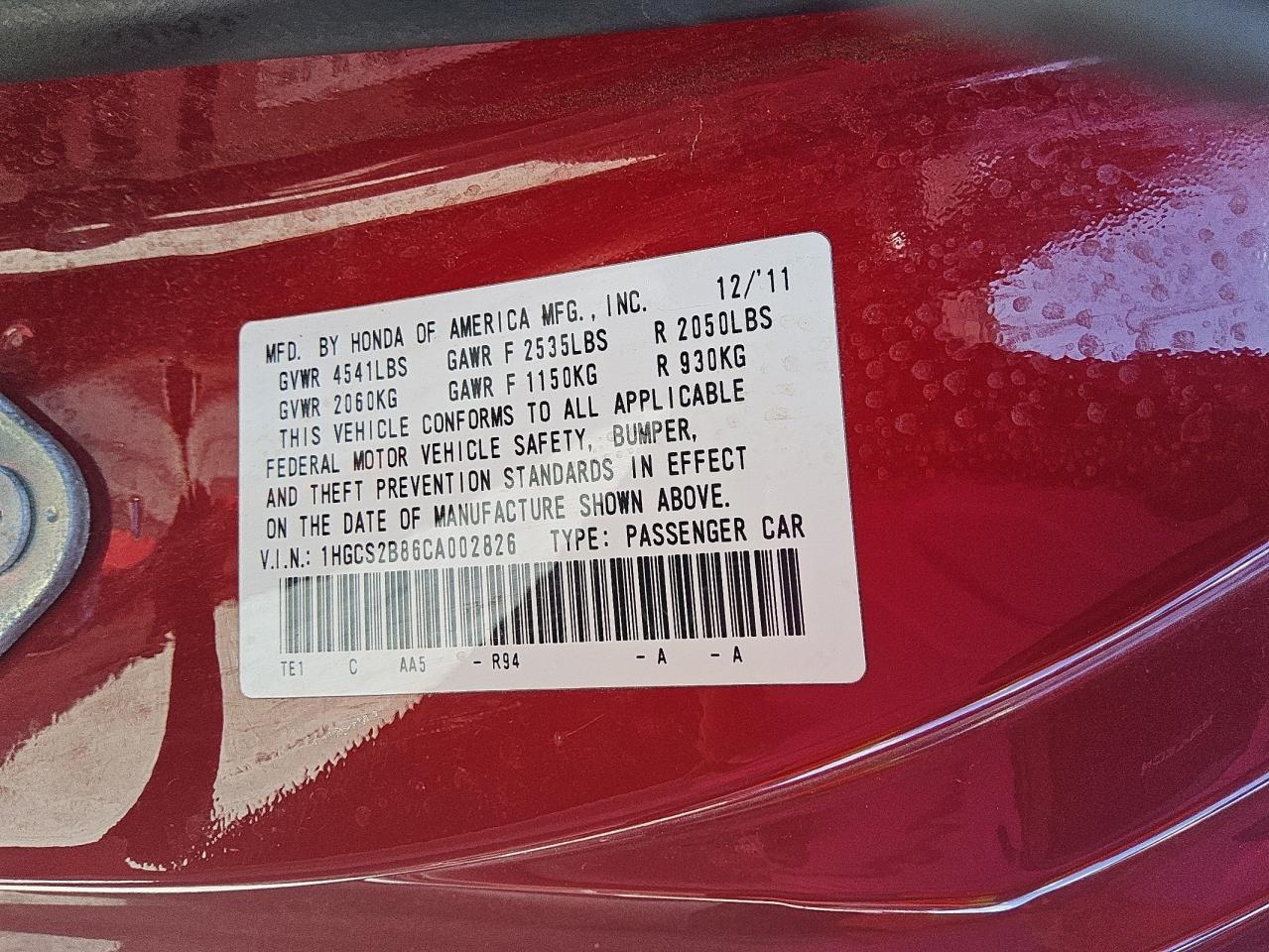 2012 Honda Accord Exl VIN: 1HGCS2B86CA002826 Lot: 66463105