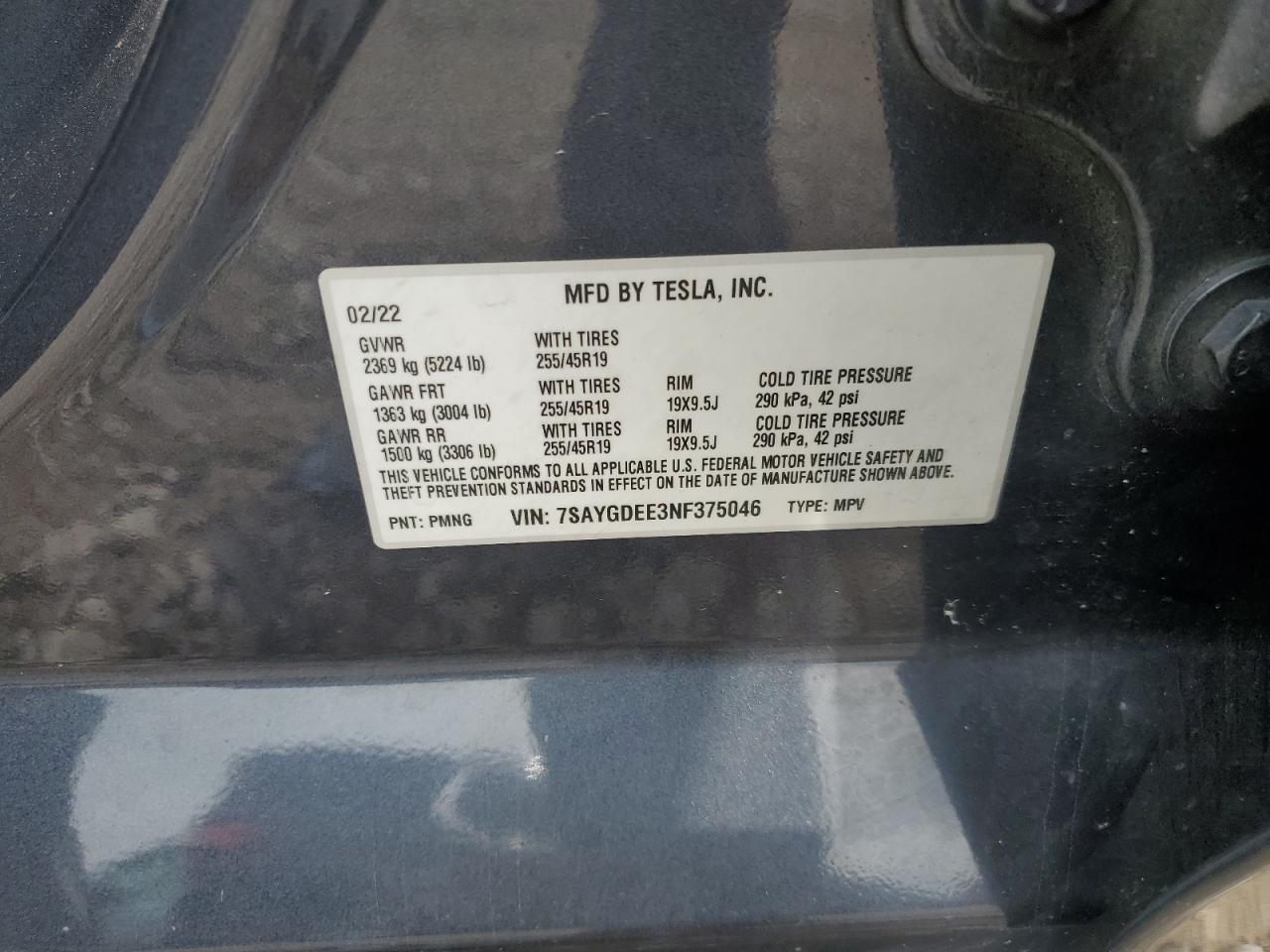 2022 Tesla Model Y VIN: 7SAYGDEE3NF375046 Lot: 63773435