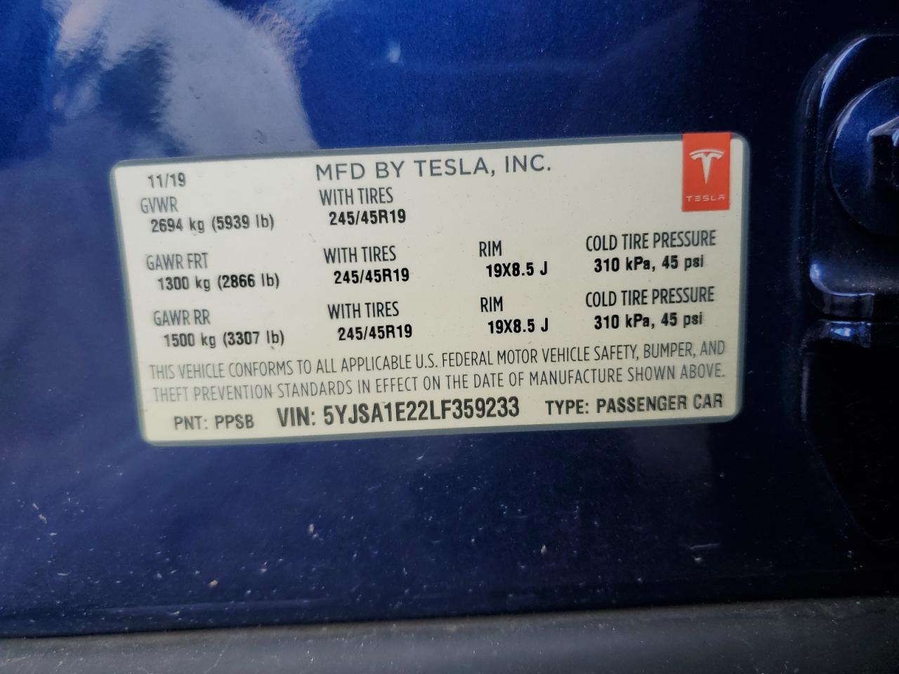 2020 Tesla Model S VIN: 5YJSA1E22LF359233 Lot: 63342685