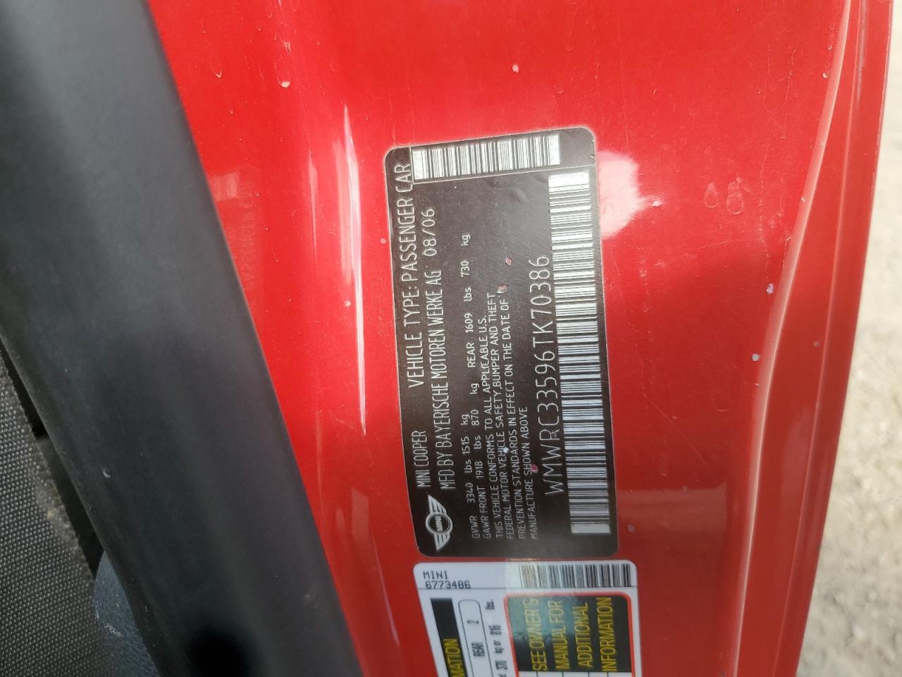 2006 Mini Cooper VIN: WMWRC33596TK70386 Lot: 65933205