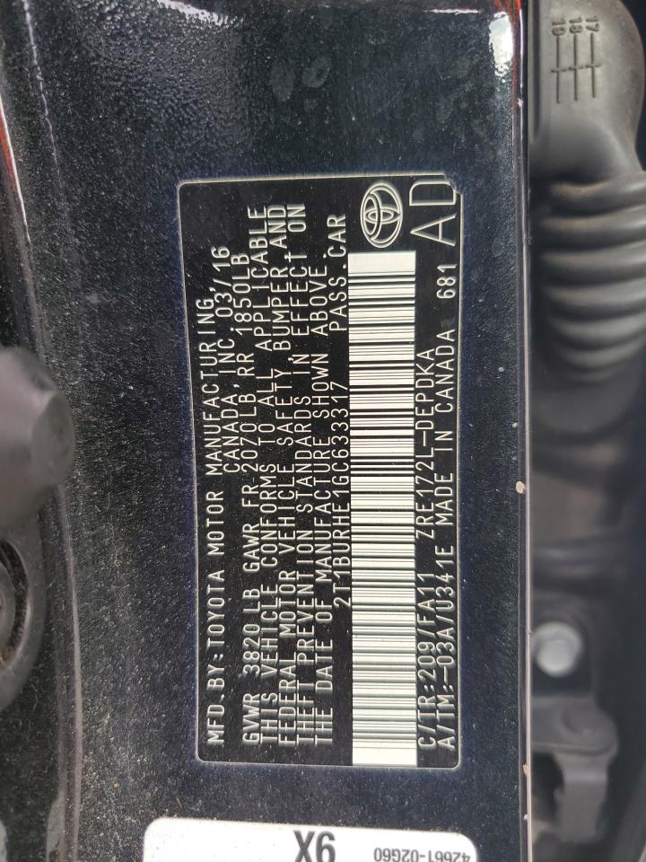 2016 Toyota Corolla L VIN: 2T1BURHE1GC633317 Lot: 65077565