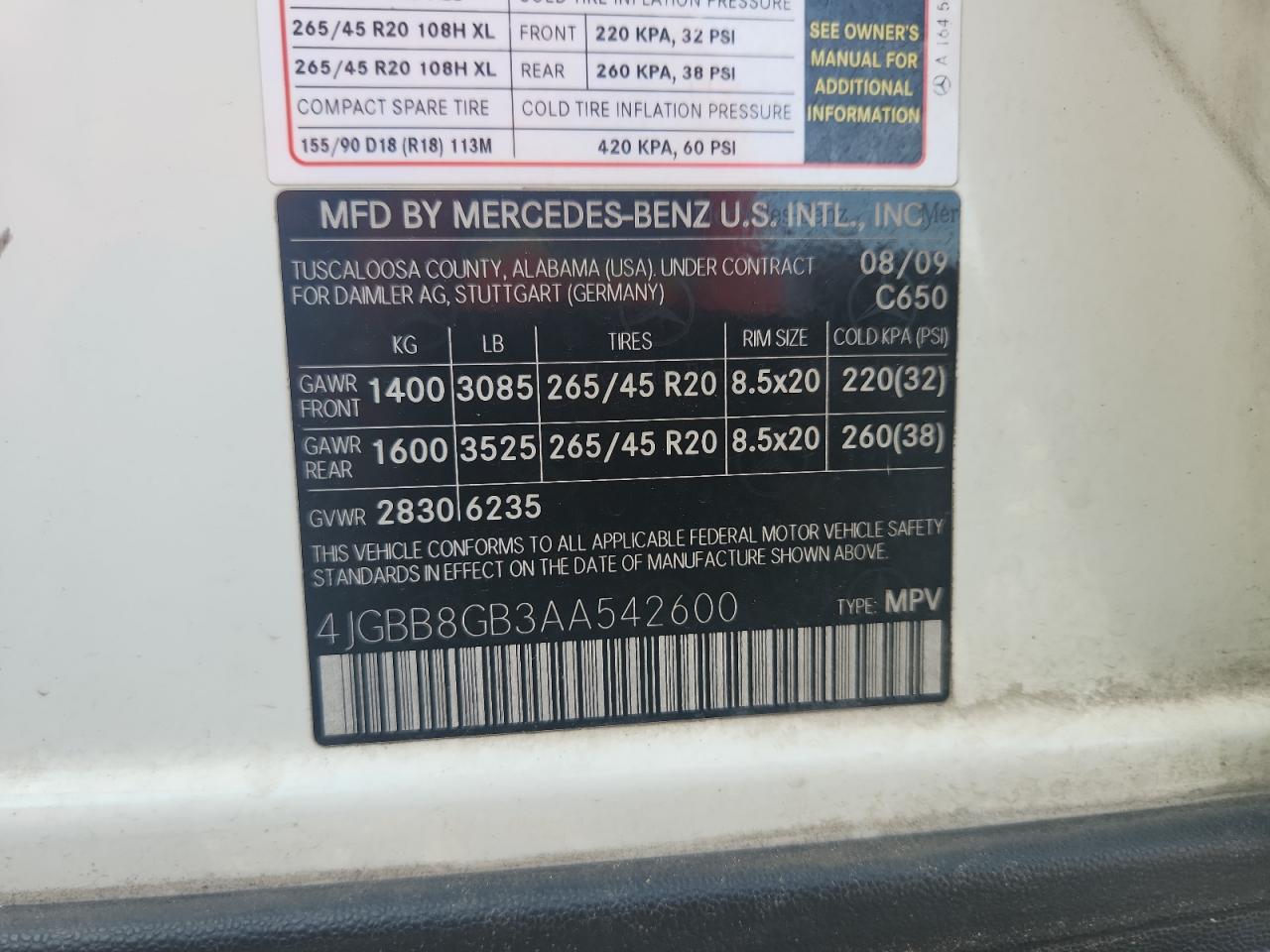 2010 Mercedes-Benz Ml 350 4Matic VIN: 4JGBB8GB3AA542600 Lot: 65549005