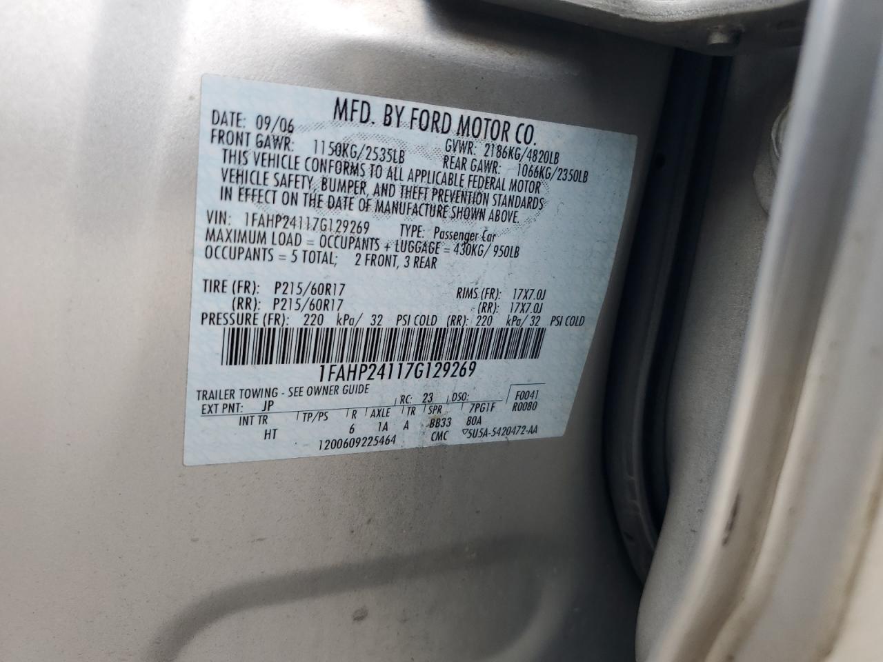 2007 Ford Five Hundred Sel VIN: 1FAHP24117G129269 Lot: 64367435