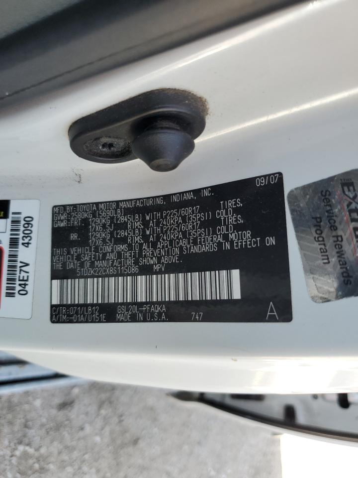 2008 Toyota Sienna Xle VIN: 5TDZK22CX8S115086 Lot: 63290525