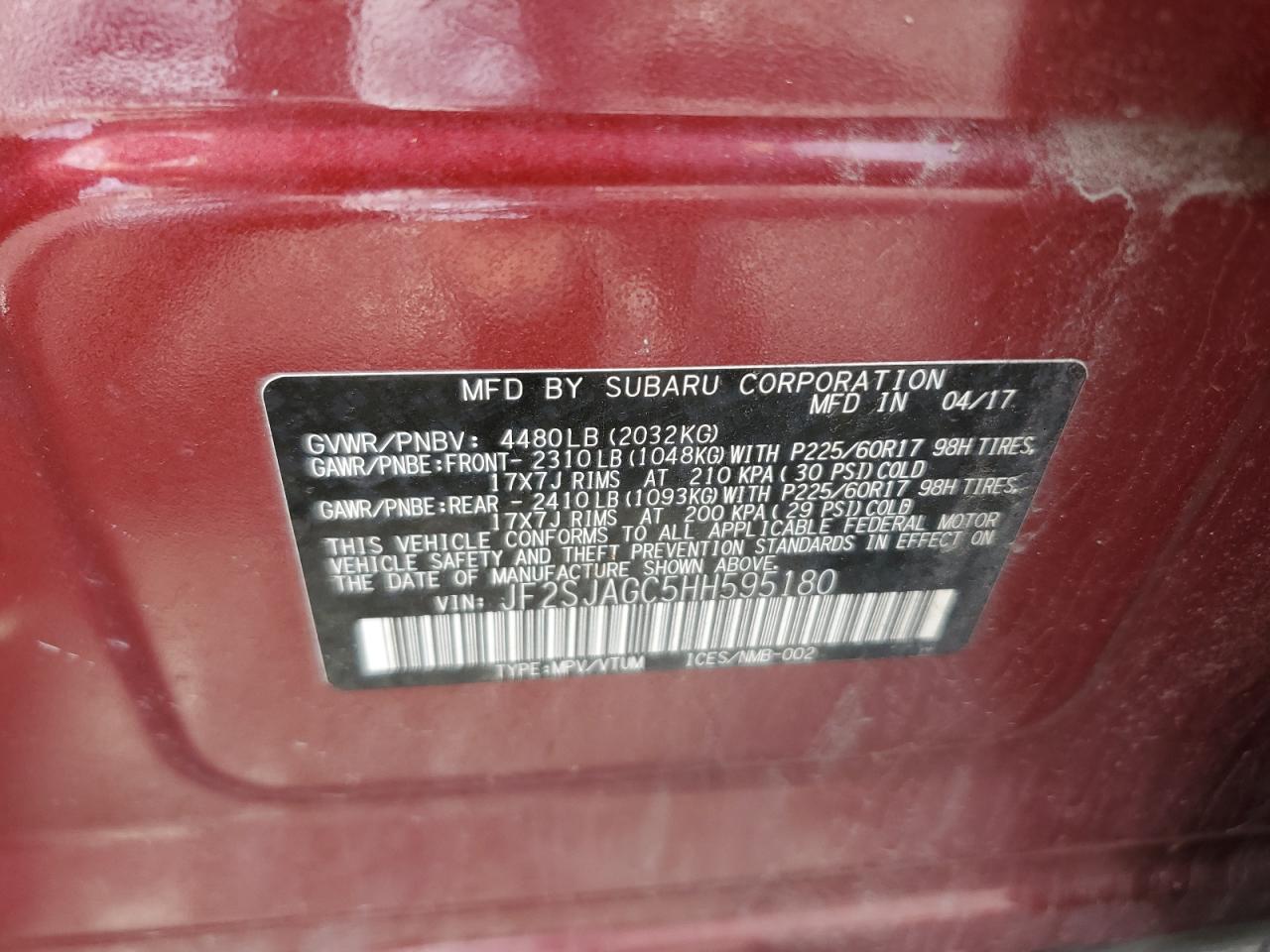 2017 Subaru Forester 2.5I Premium VIN: JF2SJAGC5HH595180 Lot: 66721795