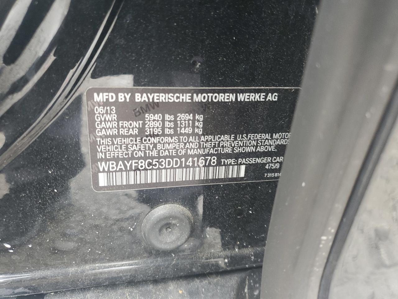 2013 BMW 750 Lxi VIN: WBAYF8C53DD141678 Lot: 64843395