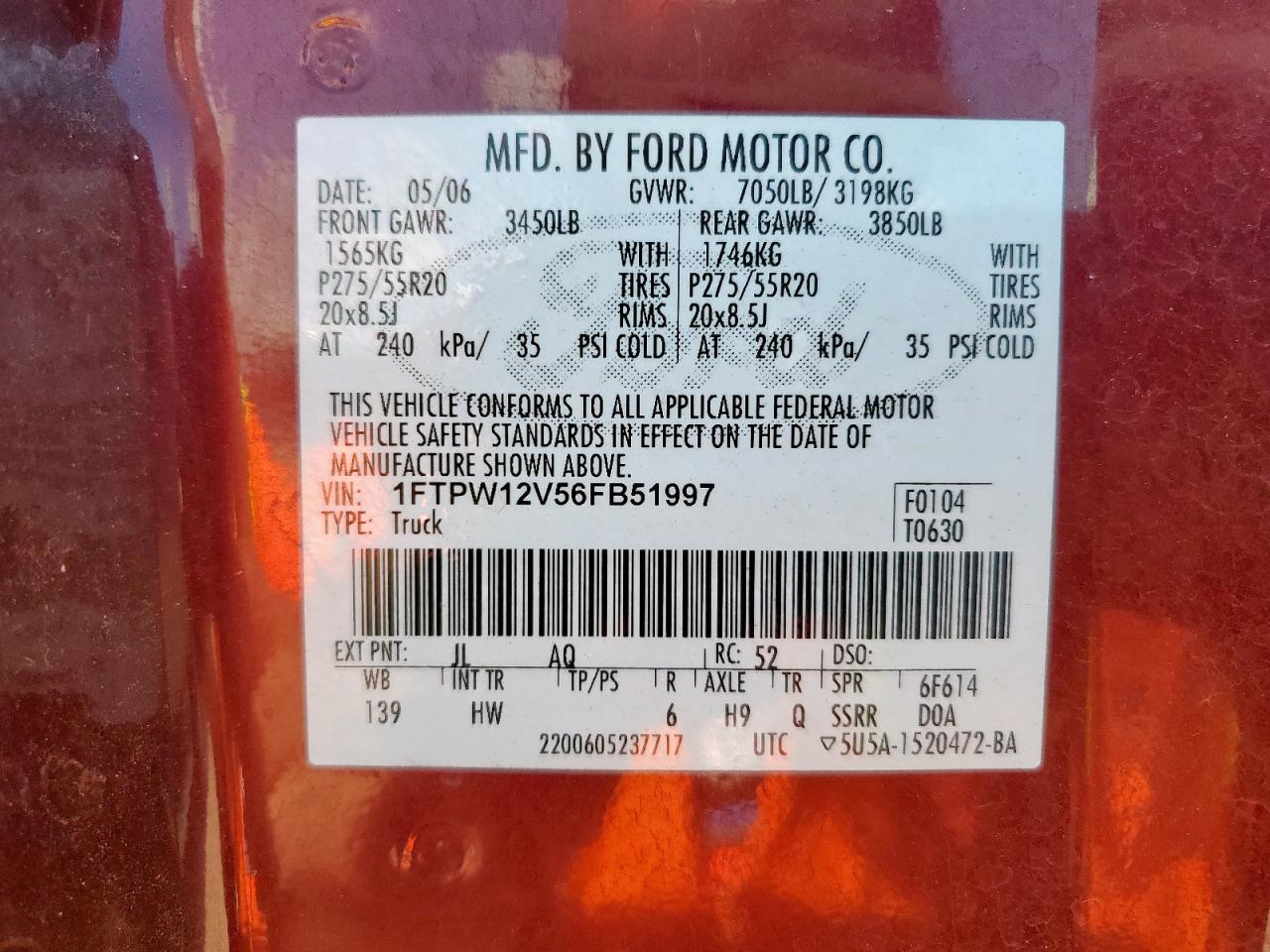 2006 Ford F150 Supercrew VIN: 1FTPW12V56FB51997 Lot: 65016595