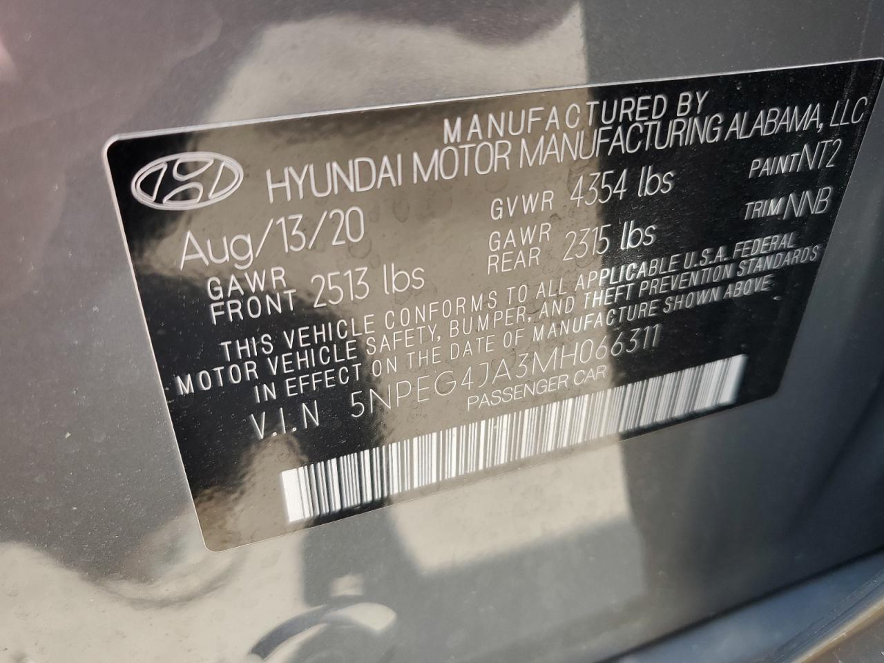 2021 Hyundai Sonata Se VIN: 5NPEG4JA3MH066311 Lot: 63398665