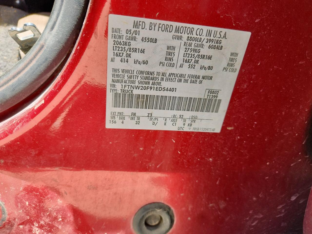 2001 Ford F250 Super Duty VIN: 1FTNW20F91ED54401 Lot: 65269305