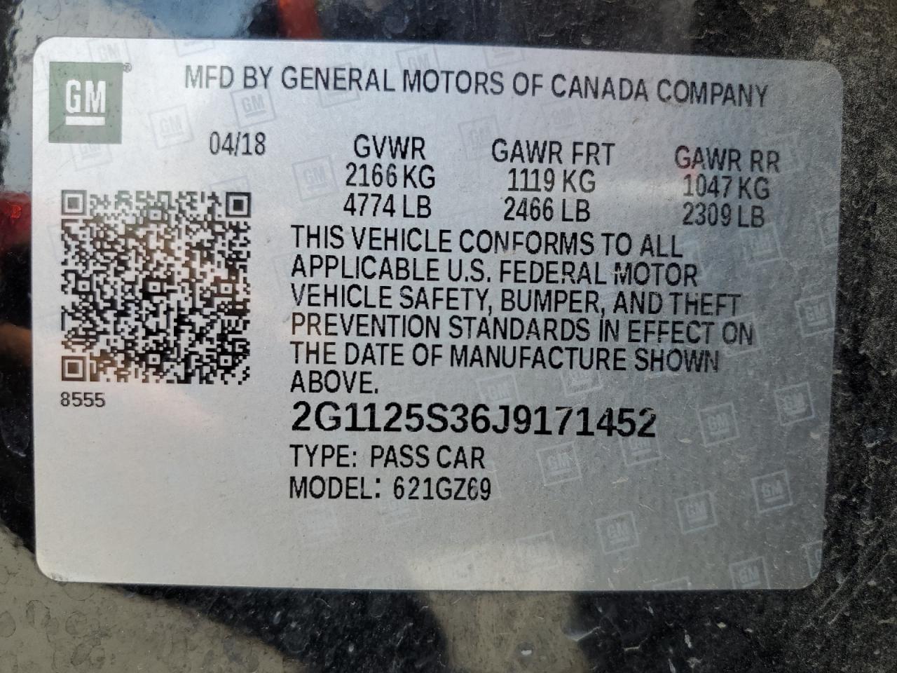 2018 Chevrolet Impala Premier VIN: 2G1125S36J9171452 Lot: 65328165