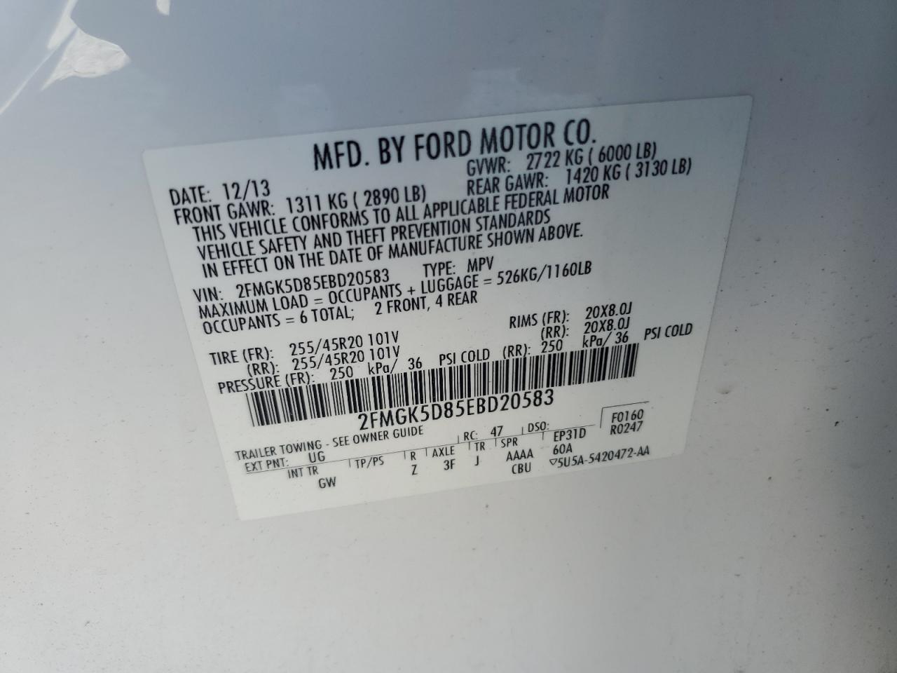 2014 Ford Flex Limited VIN: 2FMGK5D85EBD20583 Lot: 64380305
