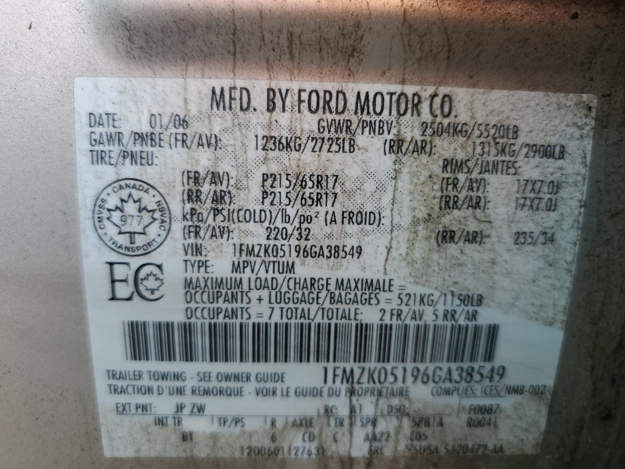 2006 Ford Freestyle Sel VIN: 1FMZK05196GA38549 Lot: 62153235