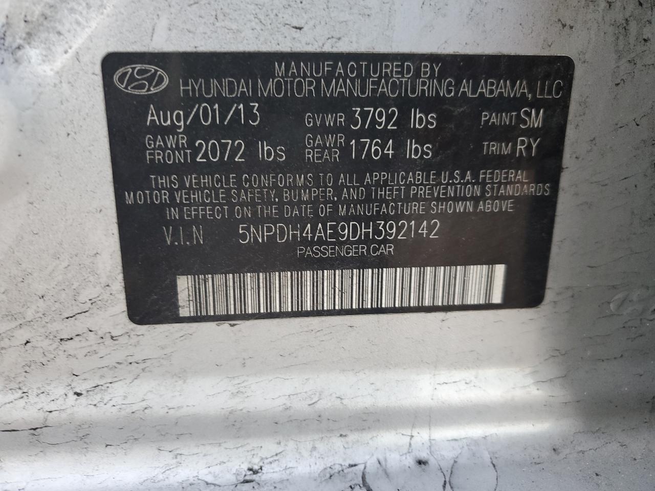 2013 Hyundai Elantra Gls VIN: 5NPDH4AE9DH392142 Lot: 64519935