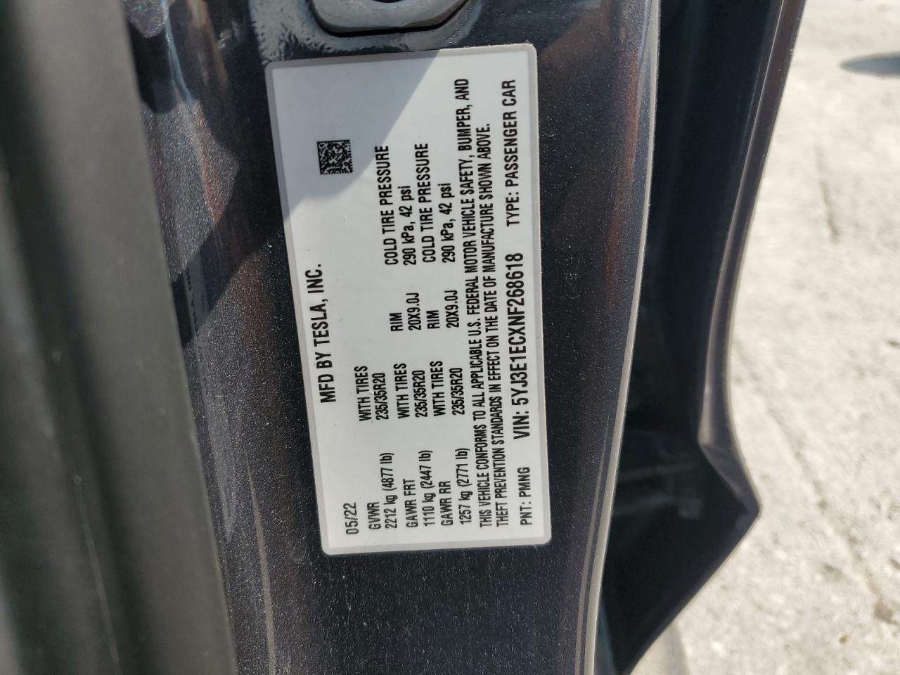 2022 Tesla Model 3 VIN: 5YJ3E1ECXNF268618 Lot: 64128265