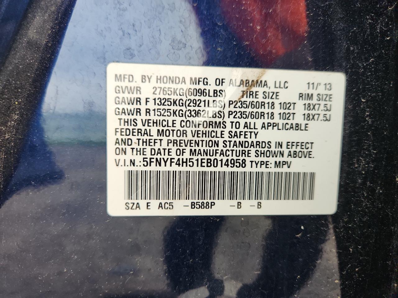 2014 Honda Pilot Exl VIN: 5FNYF4H51EB014958 Lot: 66399655