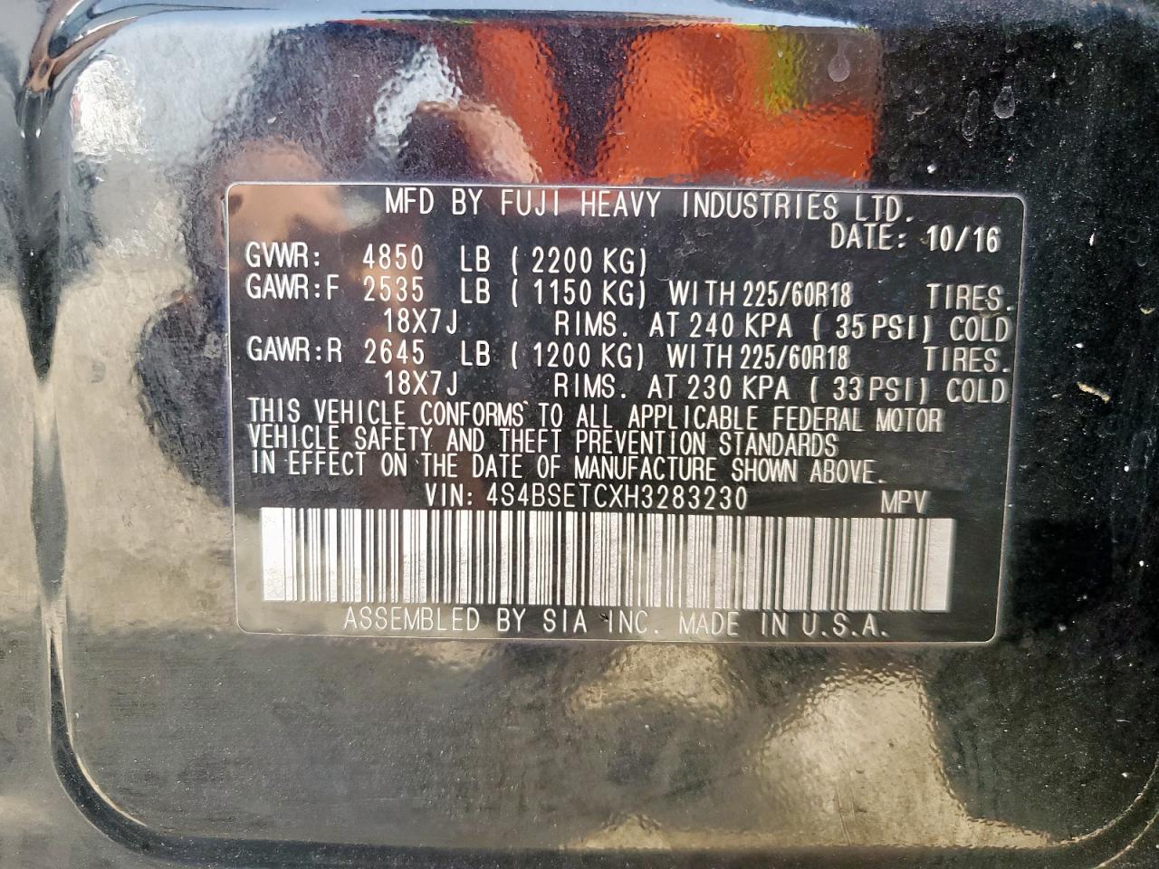 2017 Subaru Outback Touring VIN: 4S4BSETCXH3283230 Lot: 63304325