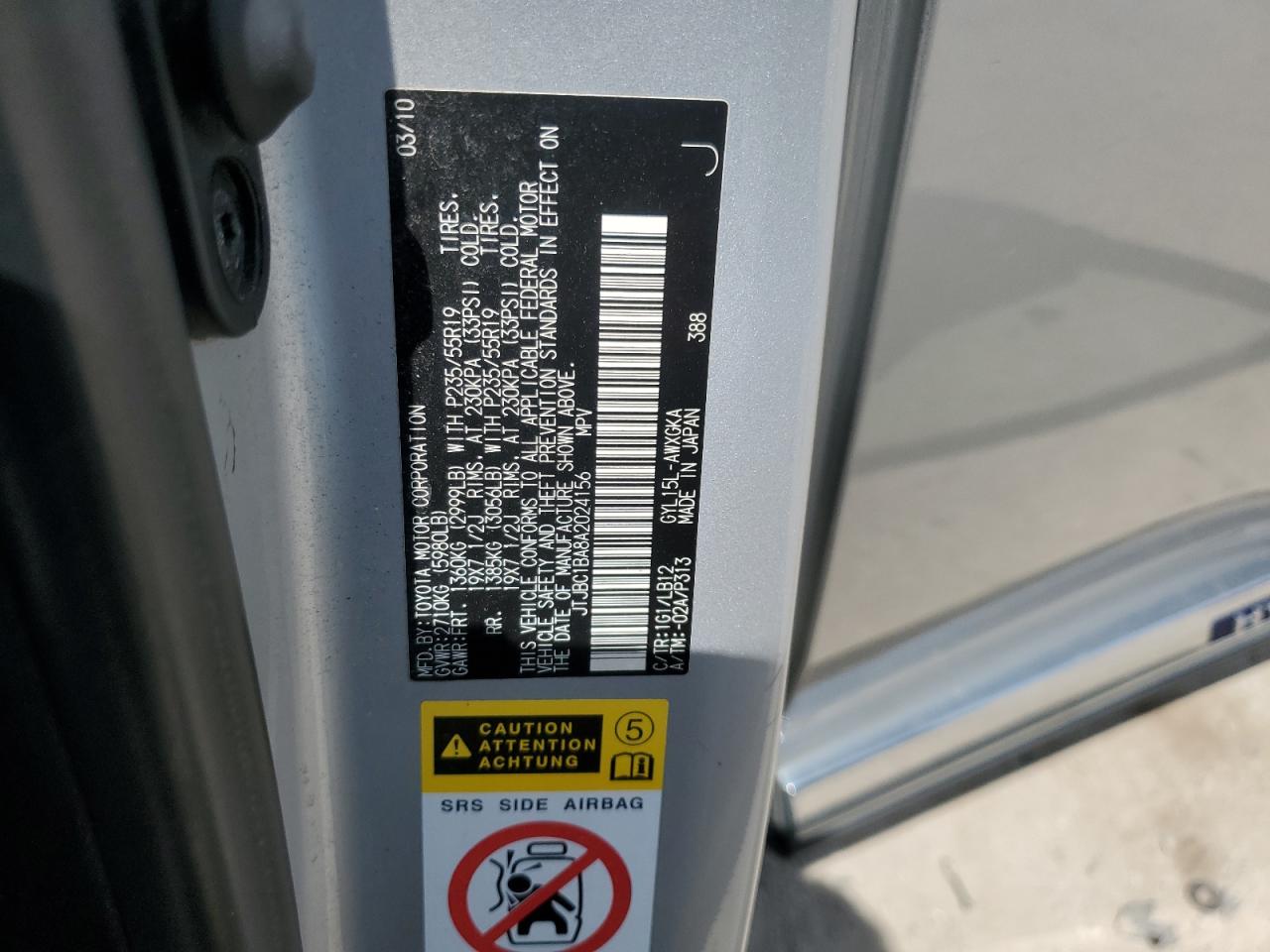 2010 Lexus Rx 450H VIN: JTJBC1BA8A2024156 Lot: 65795245