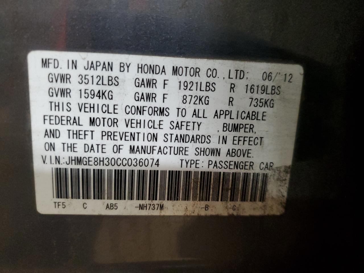 2012 Honda Fit VIN: JHMGE8H30CC036074 Lot: 63121895