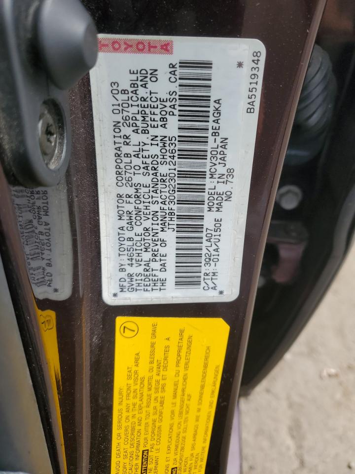 2003 Lexus Es 300 VIN: JTHBF30G230124635 Lot: 64421485