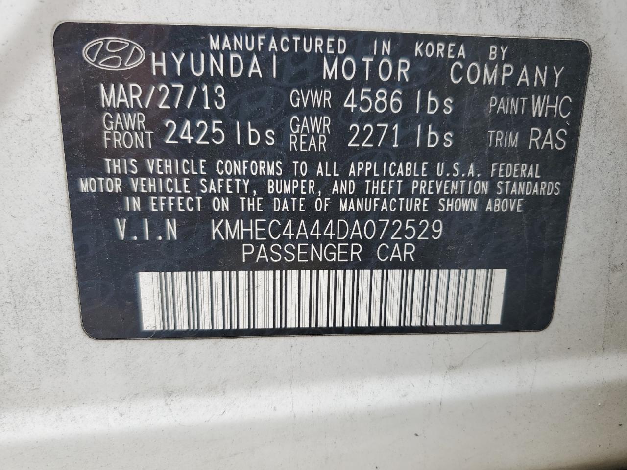 2013 Hyundai Sonata Hybrid VIN: KMHEC4A44DA072529 Lot: 63775925