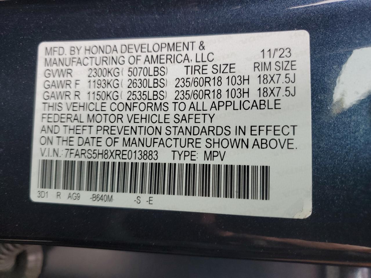2024 Honda Cr-V Sport-L VIN: 7FARS5H8XRE013883 Lot: 65179945
