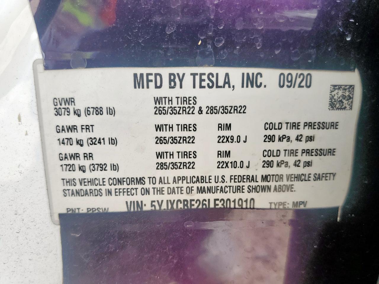 2020 Tesla Model X VIN: 5YJXCBE26LF301910 Lot: 62903375