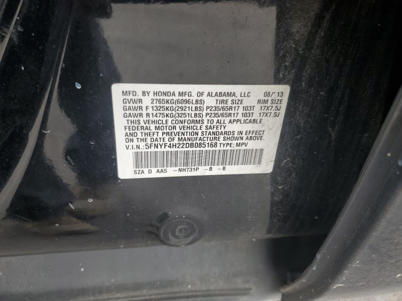 2013 Honda Pilot Lx VIN: 5FNYF4H22DB085168 Lot: 65374375
