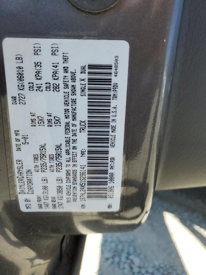 2001 Dodge Dakota Quad VIN: 1B7HL2AX51S296141 Lot: 63282445