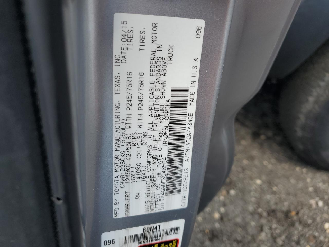 2015 Toyota Tacoma Prerunner Access Cab VIN: 5TFTX4GN8FX046564 Lot: 65390645