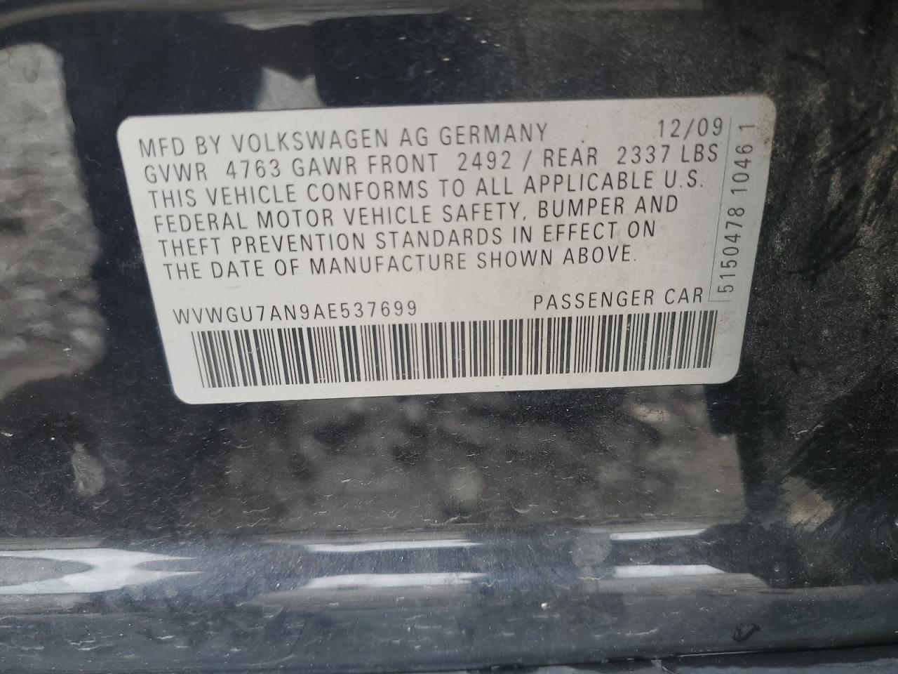 2010 Volkswagen Cc Vr6 4Motion VIN: WVWGU7AN9AE537699 Lot: 62366395