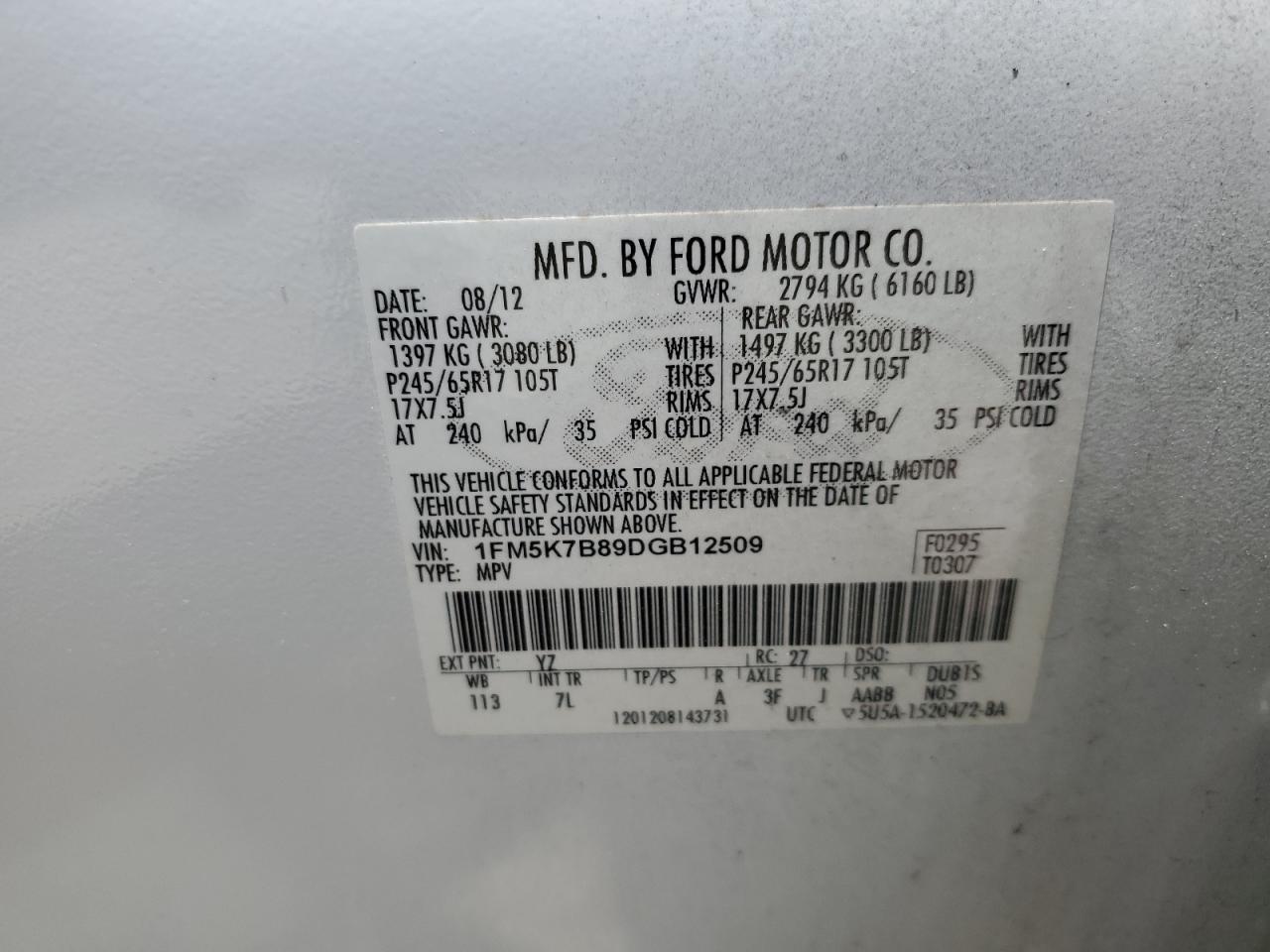 2013 Ford Explorer VIN: 1FM5K7B89DGB12509 Lot: 64333205