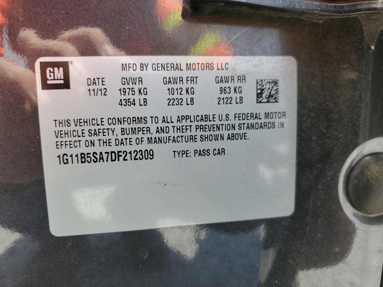 2013 Chevrolet Malibu Ls VIN: 1G11B5SA7DF212309 Lot: 63454175