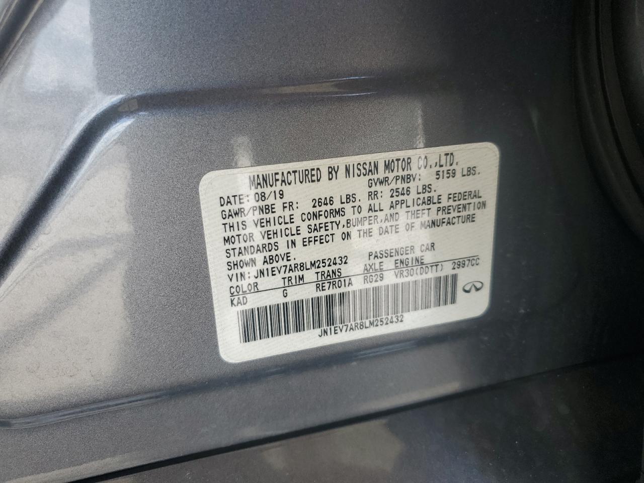 2020 Infiniti Q50 Pure VIN: JN1EV7AR8LM252432 Lot: 65426755