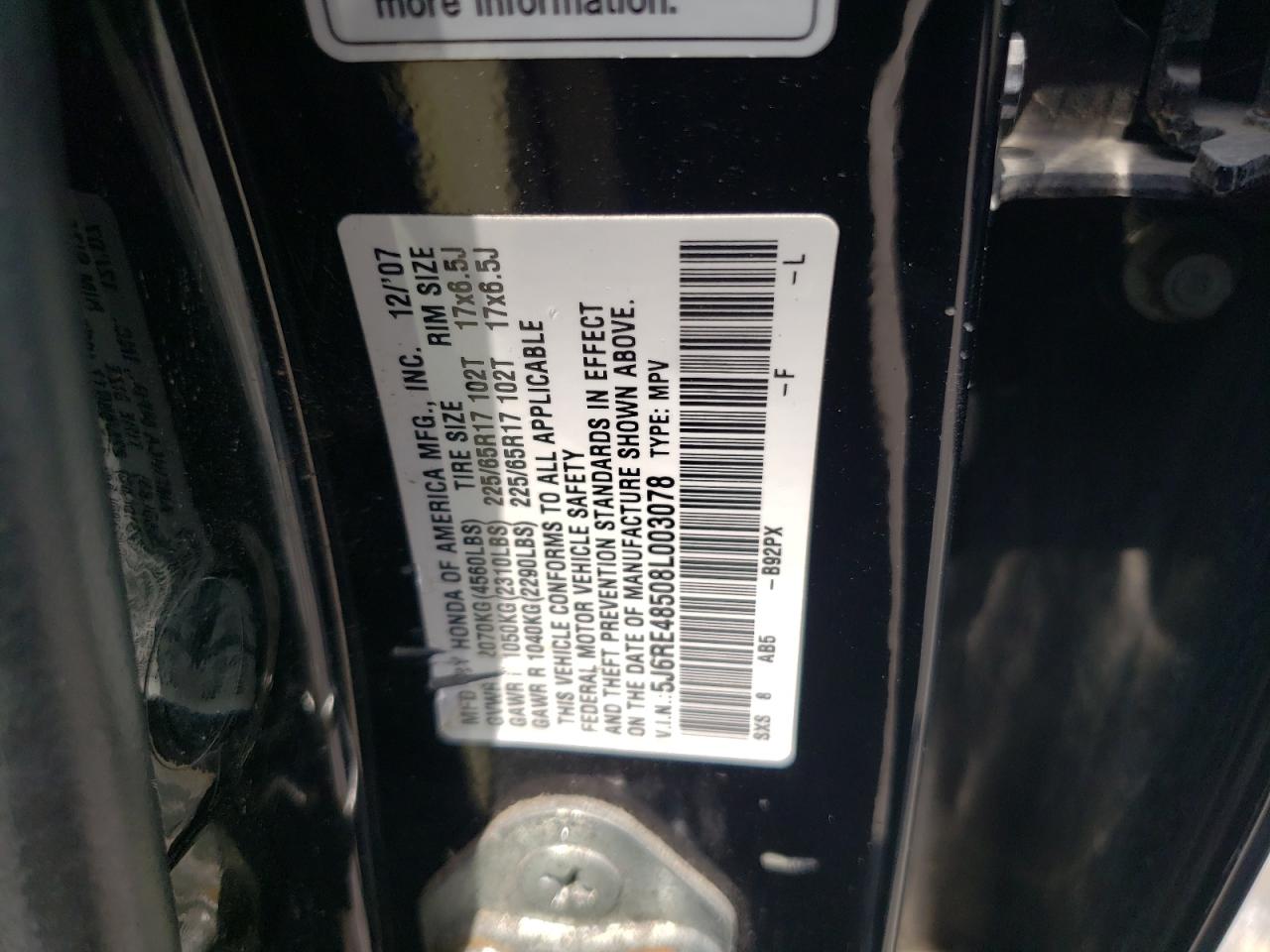 2008 Honda Cr-V Ex VIN: 5J6RE48508L003078 Lot: 65209295