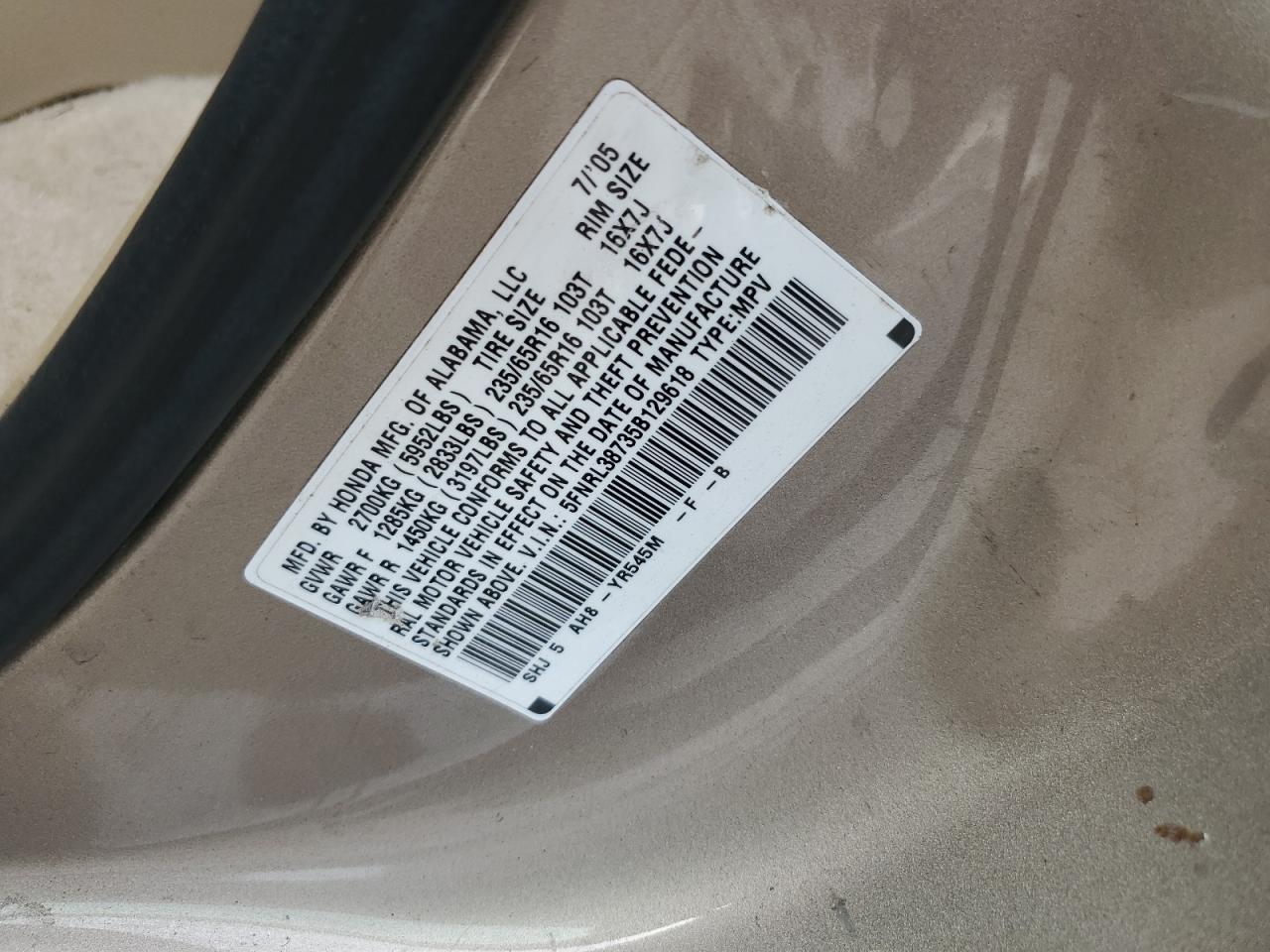 2005 Honda Odyssey Exl VIN: 5FNRL38735B129618 Lot: 63447935