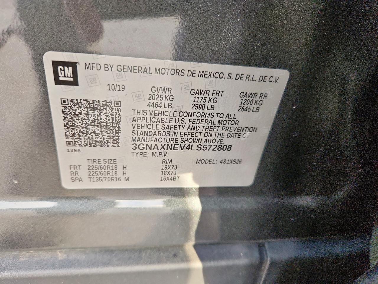 2020 Chevrolet Equinox Premier VIN: 3GNAXNEV4LS572808 Lot: 62822495