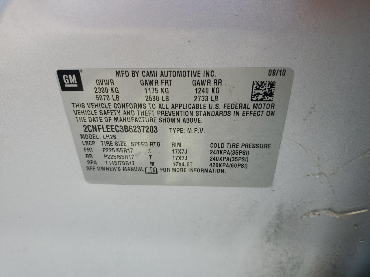2011 Chevrolet Equinox Lt VIN: 2CNFLEEC3B6237203 Lot: 64907915