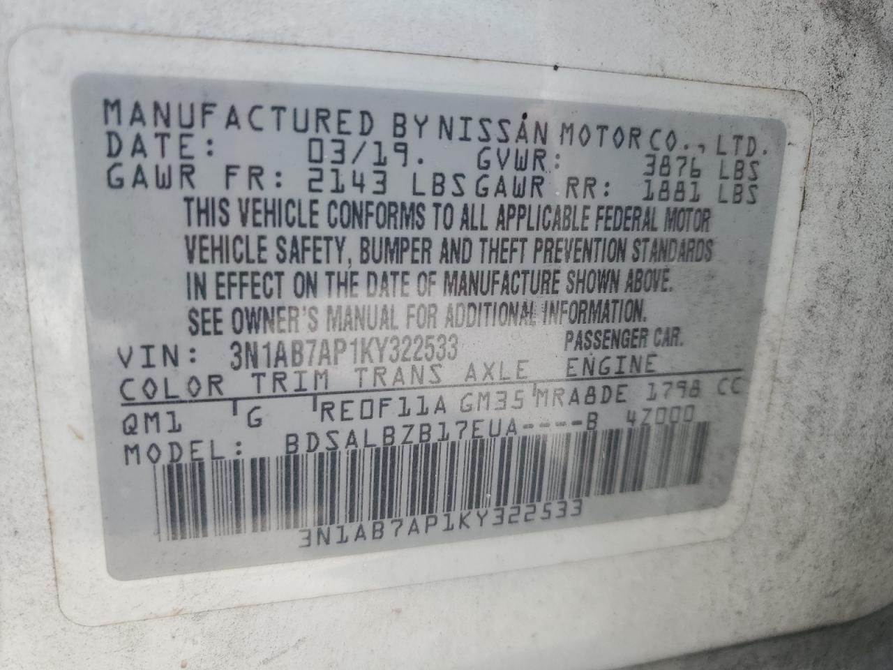 2019 Nissan Sentra S VIN: 3N1AB7AP1KY322533 Lot: 65272585