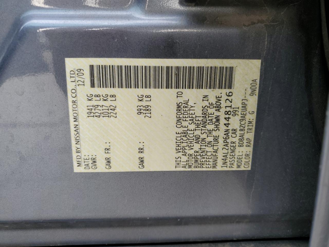 2010 Nissan Altima Base VIN: 1N4AL2AP6AN448126 Lot: 65405325