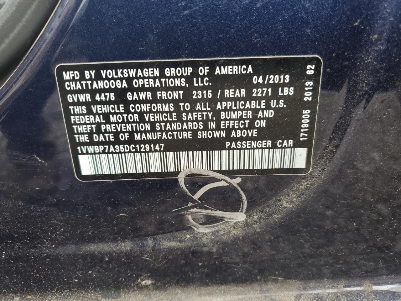 2013 Volkswagen Passat Se VIN: 1VWBP7A35DC129147 Lot: 63046835