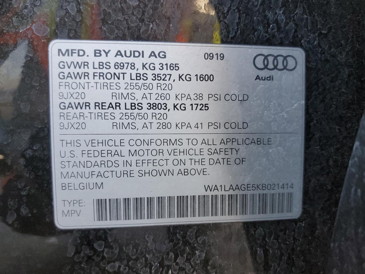 2019 Audi E-Tron Premium Plus VIN: WA1LAAGE5KB021414 Lot: 64040675