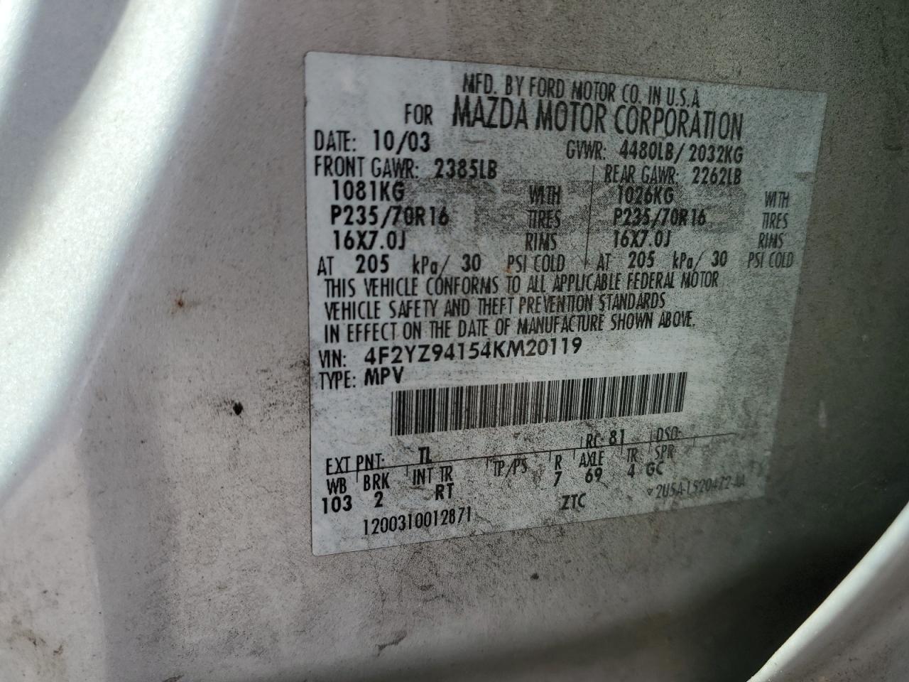 2004 Mazda Tribute Lx VIN: 4F2YZ94154KM20119 Lot: 63457905