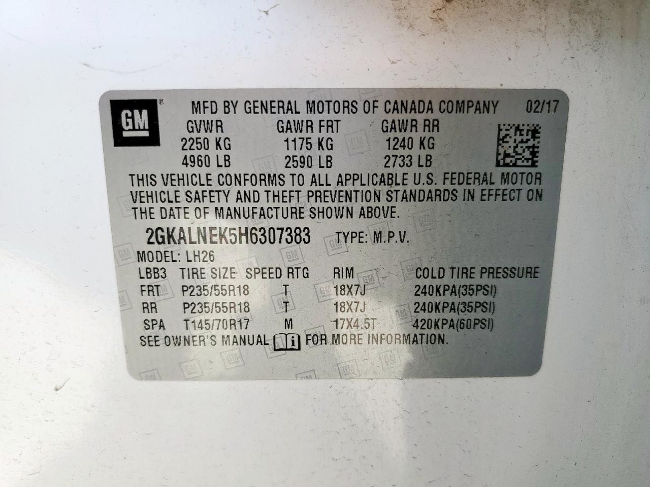 2017 GMC Terrain Sle VIN: 2GKALNEK5H6307383 Lot: 66354385