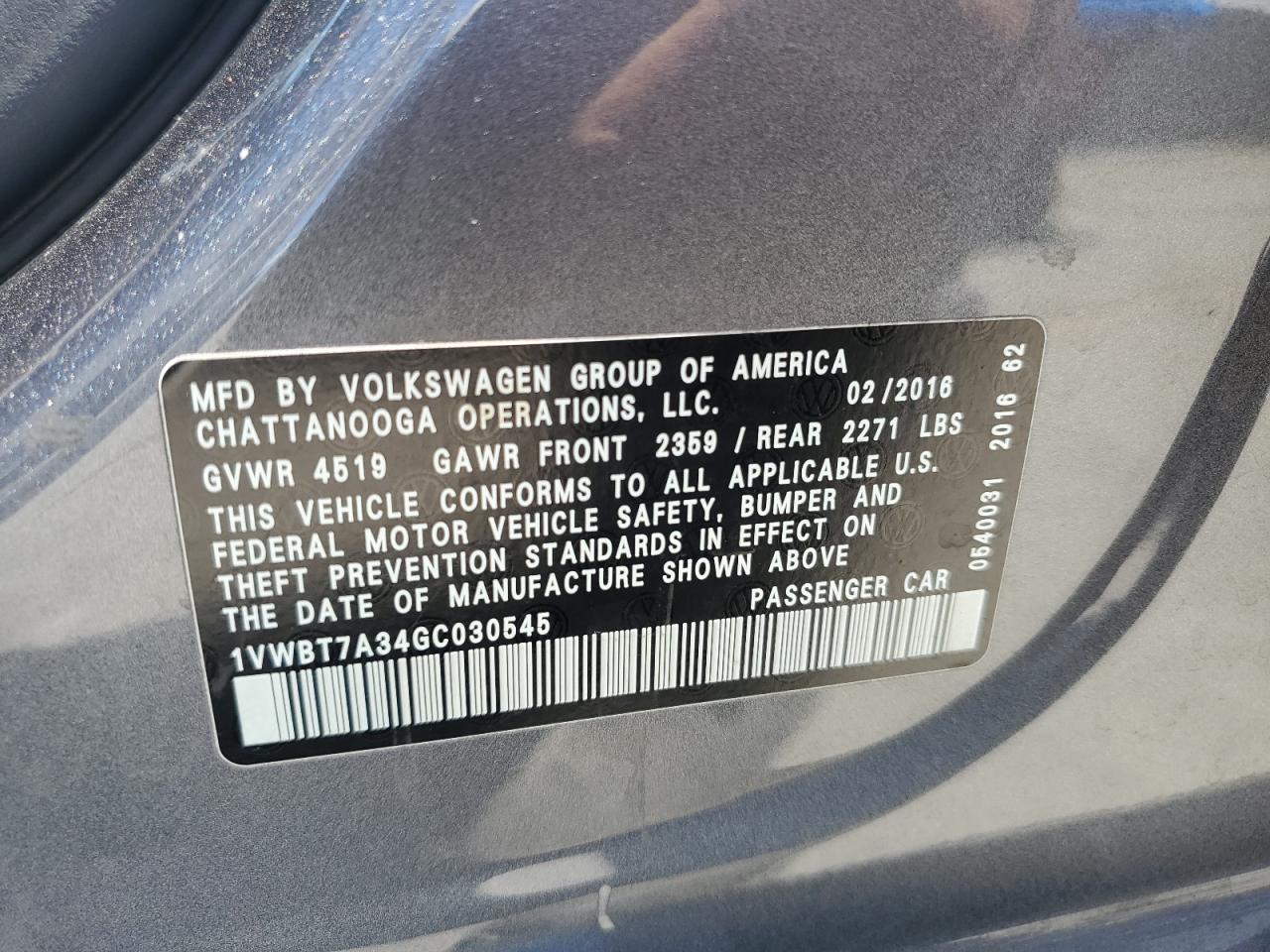 2016 Volkswagen Passat Se VIN: 1VWBT7A34GC030545 Lot: 63299885